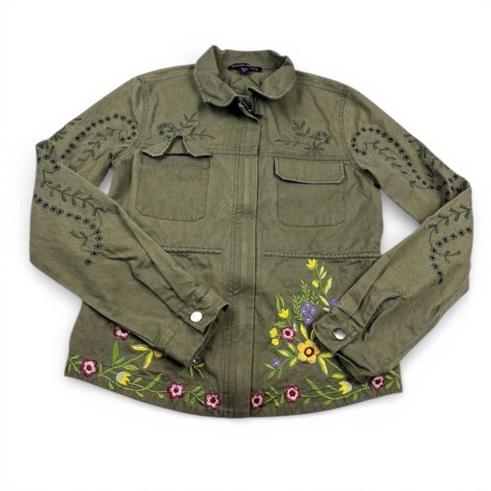 Boston Proper Utility Jacket Green Floral Embroidered Boho Casual Relaxed Fit XS
